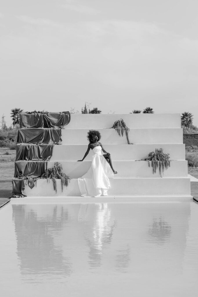 Model in bridal fashion during luxury editorial shoot at White House Studio, Marrakech