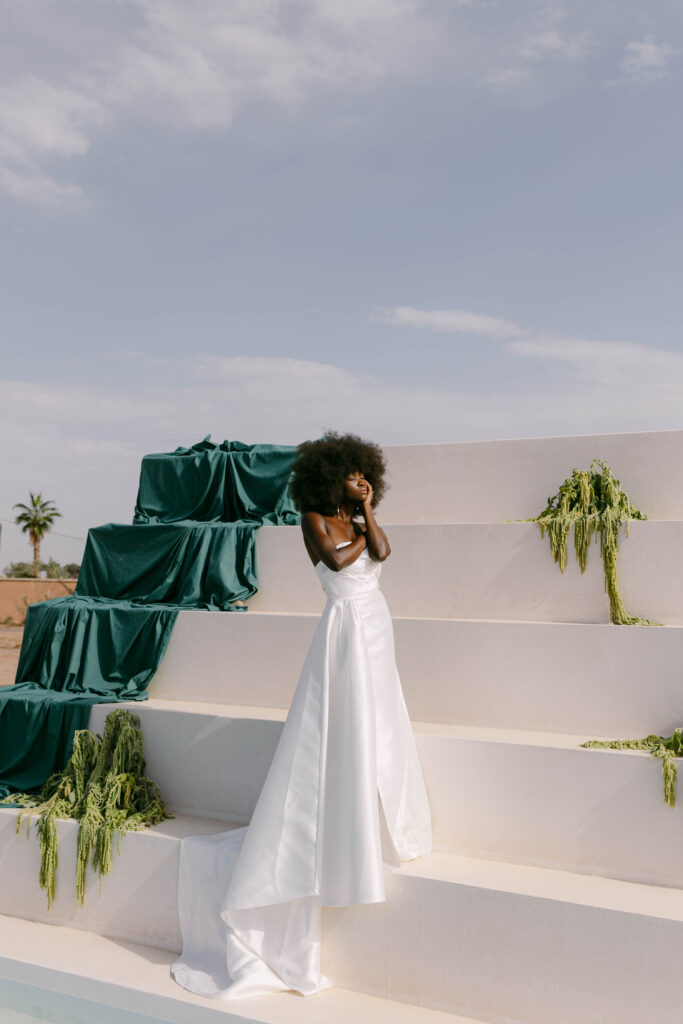 Model in bridal fashion during luxury editorial shoot at White House Studio, Marrakech