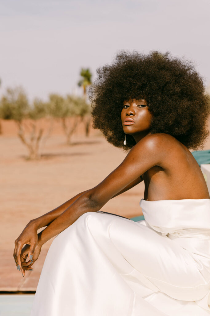 Model in bridal fashion during luxury editorial shoot at White House Studio, Marrakech