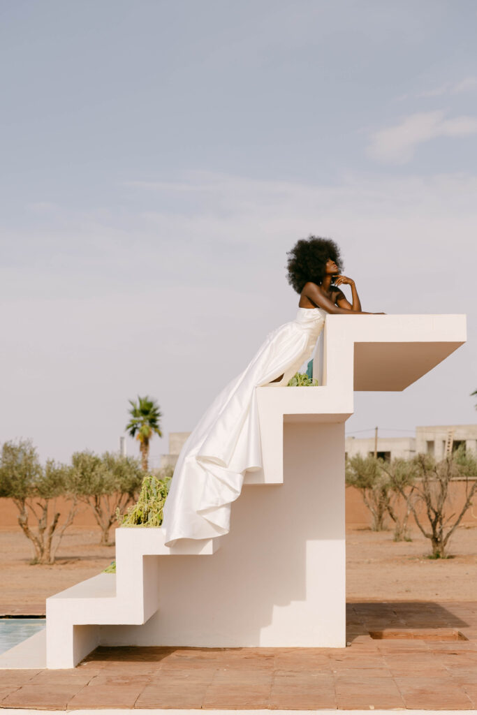 Model in bridal fashion during luxury editorial shoot at White House Studio, Marrakech