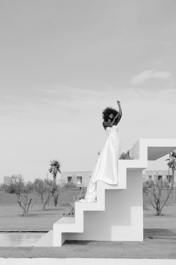 Model in bridal fashion during luxury editorial shoot at White House Studio, Marrakech