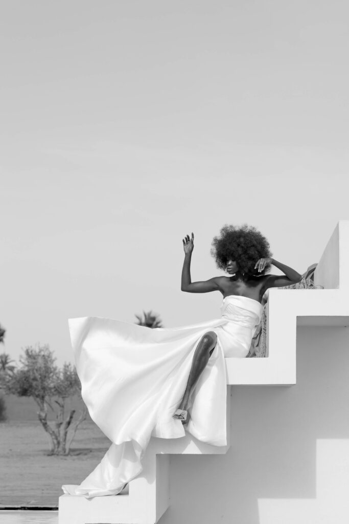 Model in bridal fashion during luxury editorial shoot at White House Studio, Marrakech