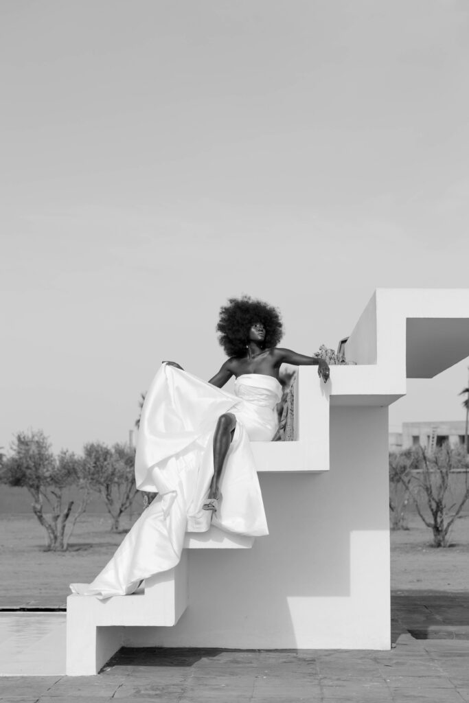 Model in bridal fashion during luxury editorial shoot at White House Studio, Marrakech