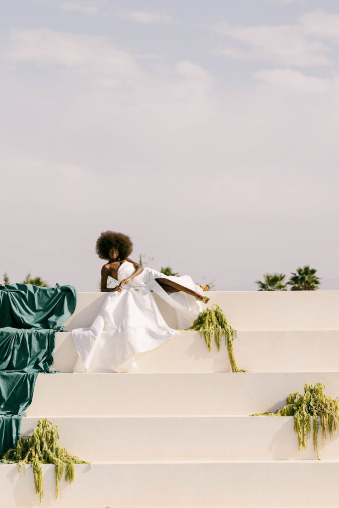 Model in bridal fashion during luxury editorial shoot at White House Studio, Marrakech