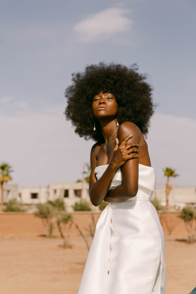 Model in bridal fashion during luxury editorial shoot at White House Studio, Marrakech