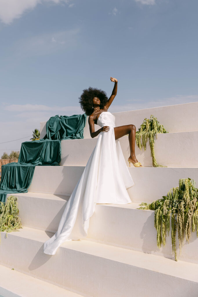 Model in bridal fashion during luxury editorial shoot at White House Studio, Marrakech